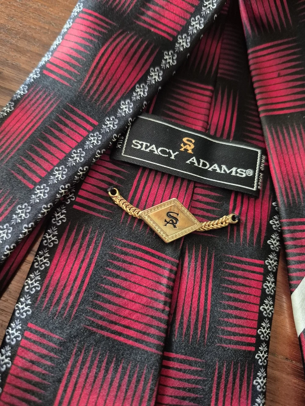 Stacy Adams Black and Red Print Silk Necktie with Silver
